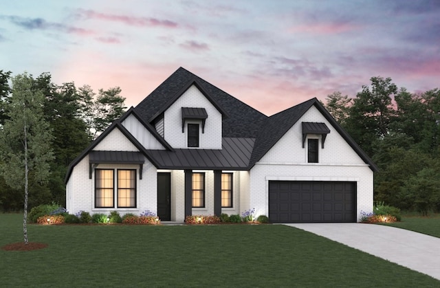 19207 Seabiscuit Stable Trl, Tomball, TX 77377 - modern inspired farmhouse featuring a standing seam roof, a front lawn, driveway, brick siding, and roof with shingles