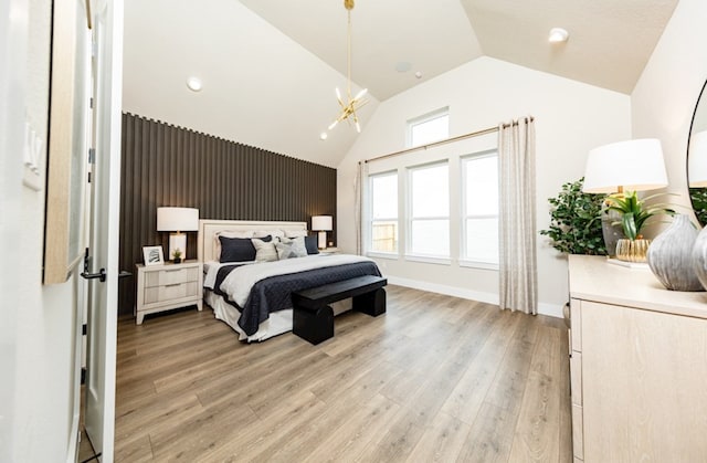 19207 Seabiscuit Stable Trl, Tomball, TX 77377 - bedroom with light wood-style flooring, a chandelier, high vaulted ceiling, and recessed lighting