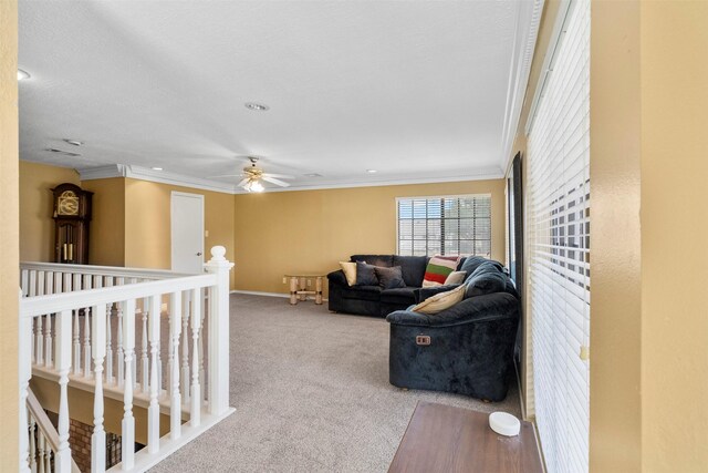 19511 Oak Station Dr, Humble, TX 77346 - living area with carpet floors, ornamental molding, ceiling fan, and recessed lighting