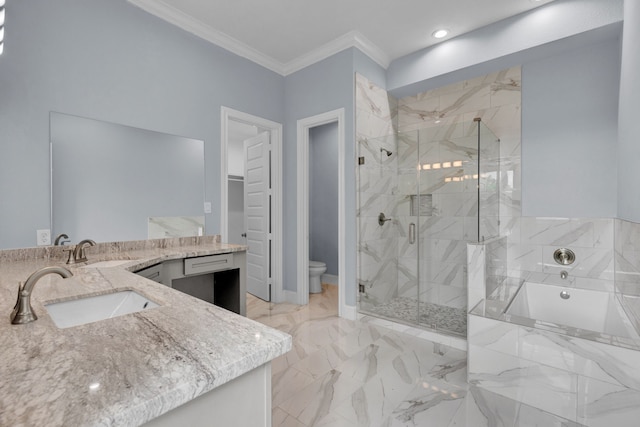 2811 Wichita St, Houston, TX 77004 - full bath featuring vanity, a garden tub, a marble finish shower, ornamental molding, and marble finish flooring