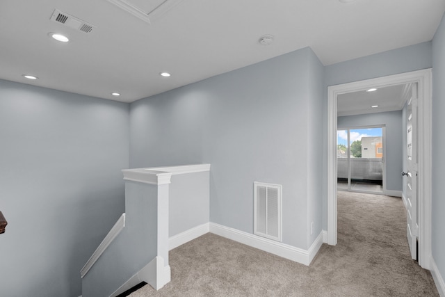 2811 Wichita St, Houston, TX 77004 - hallway with an upstairs landing, carpet floors, and recessed lighting