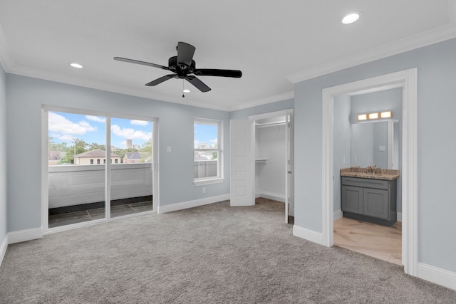 2811 Wichita St, Houston, TX 77004 - unfurnished bedroom featuring ornamental molding, carpet, recessed lighting, connected bathroom, and access to outside