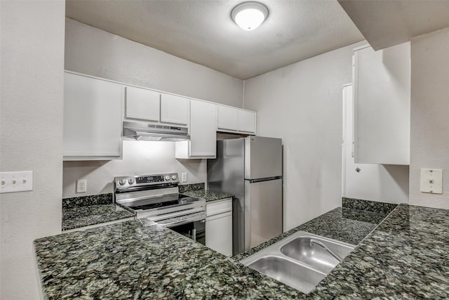 1330 Old Spanish Trl Unit 5106, Houston, TX 77054 - kitchen featuring appliances with stainless steel finishes, under cabinet range hood, dark countertops, white cabinetry, and a textured ceiling