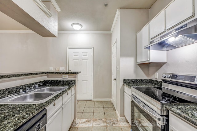 1330 Old Spanish Trl Unit 5106, Houston, TX 77054 - kitchen featuring stainless steel range with electric stovetop, under cabinet range hood, dishwasher, white cabinets, and crown molding