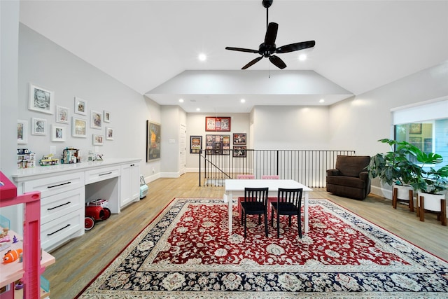 1353 Chantilly Ln, Houston, TX 77018 - recreation room featuring vaulted ceiling, light wood-style floors, ceiling fan, and recessed lighting