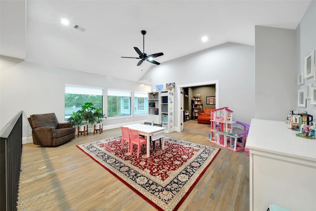 1353 Chantilly Ln, Houston, TX 77018 - rec room featuring light wood-type flooring, ceiling fan, high vaulted ceiling, and recessed lighting
