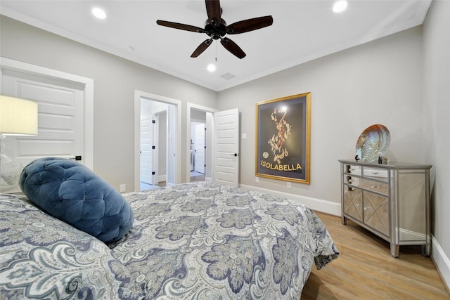 1353 Chantilly Ln, Houston, TX 77018 - bedroom featuring light wood-style flooring, recessed lighting, ornamental molding, and a ceiling fan