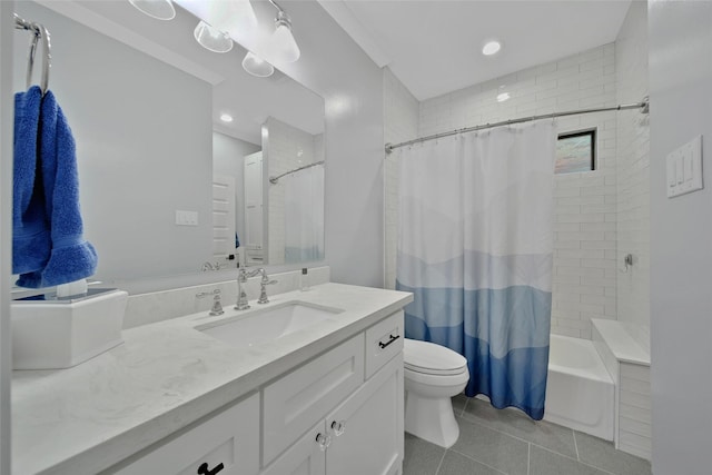 1353 Chantilly Ln, Houston, TX 77018 - bathroom featuring vanity, tile patterned floors, shower / bathtub combination with curtain, and recessed lighting