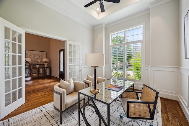 3310 Glen Haven Blvd, Houston, TX 77025 - home office with wood finished floors, ornamental molding, a ceiling fan, a decorative wall, and a wainscoted wall