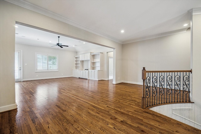 3310 Glen Haven Blvd, Houston, TX 77025 - unfurnished living room with a ceiling fan, dark wood-style floors, crown molding, and recessed lighting