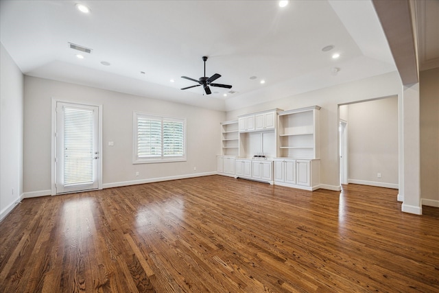 3310 Glen Haven Blvd, Houston, TX 77025 - unfurnished living room with a ceiling fan, dark wood-type flooring, and recessed lighting