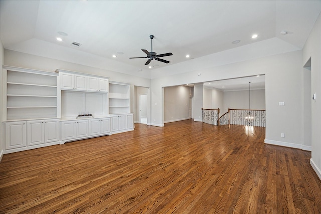 3310 Glen Haven Blvd, Houston, TX 77025 - unfurnished living room featuring ceiling fan, wood finished floors, recessed lighting, and a chandelier