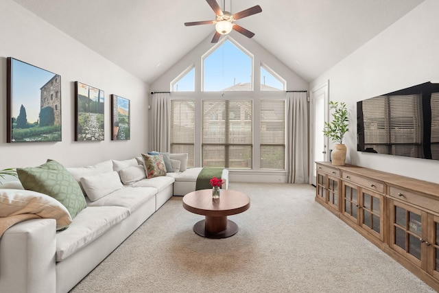 6023 Dovetail Cliff Ct, Katy, TX 77493 - living room featuring ceiling fan, vaulted ceiling, and carpet floors