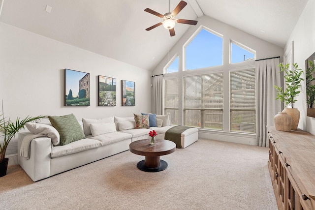 6023 Dovetail Cliff Ct, Katy, TX 77493 - living area with a ceiling fan, light carpet, high vaulted ceiling, and beamed ceiling