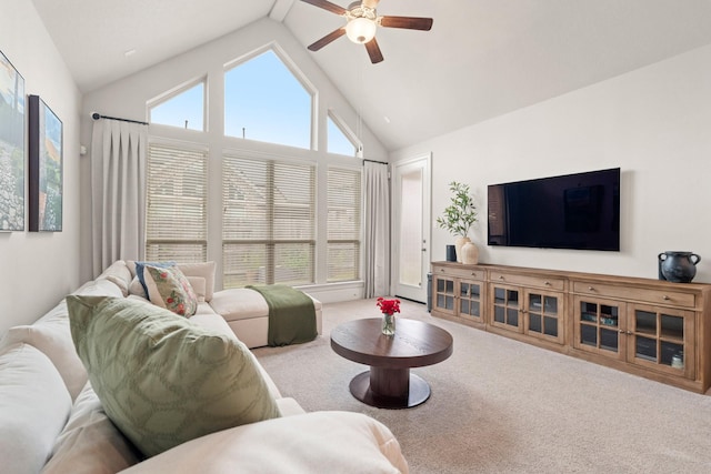 6023 Dovetail Cliff Ct, Katy, TX 77493 - living area featuring a ceiling fan, lofted ceiling, and carpet