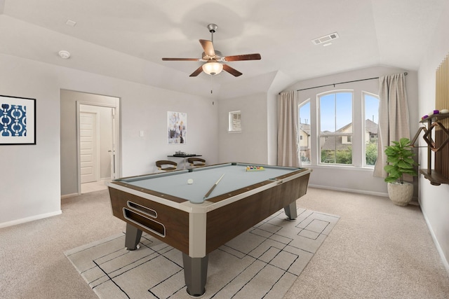 6023 Dovetail Cliff Ct, Katy, TX 77493 - playroom featuring light colored carpet, billiards, a ceiling fan, and lofted ceiling