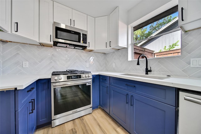 9622 Clanton St, Houston, TX 77080 - kitchen with appliances with stainless steel finishes, blue cabinetry, light countertops, white cabinets, and tasteful backsplash