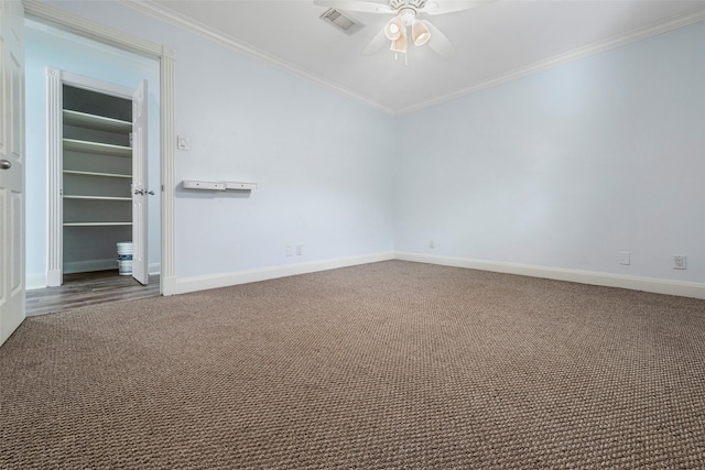 9210 Rangely Dr, Houston, TX 77055 - spare room featuring crown molding, ceiling fan, and carpet floors