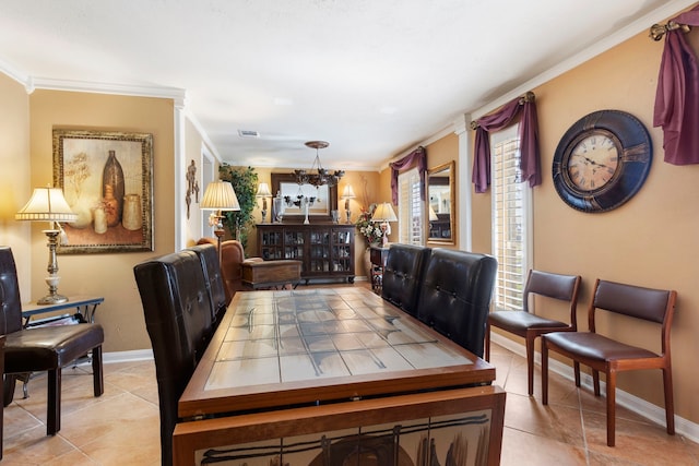 2902 Rainwood St, Spring, TX 77388 - dining space featuring light tile patterned floors, a chandelier, and ornamental molding