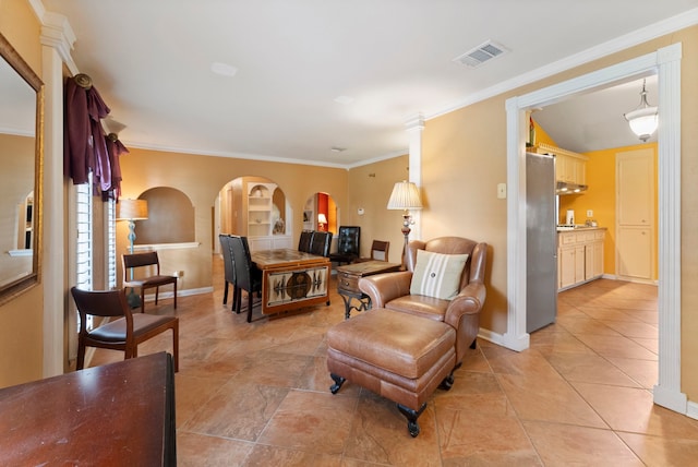 2902 Rainwood St, Spring, TX 77388 - living area featuring arched walkways, ornamental molding, and light tile patterned floors