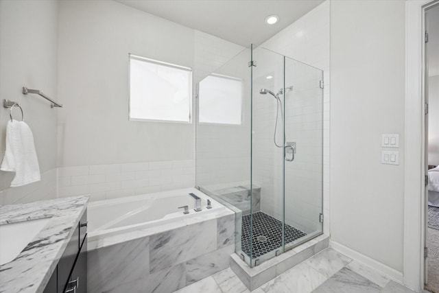 805 Sandman St, Houston, TX 77007 - ensuite bathroom with a bath, a stall shower, marble finish flooring, vanity, and recessed lighting