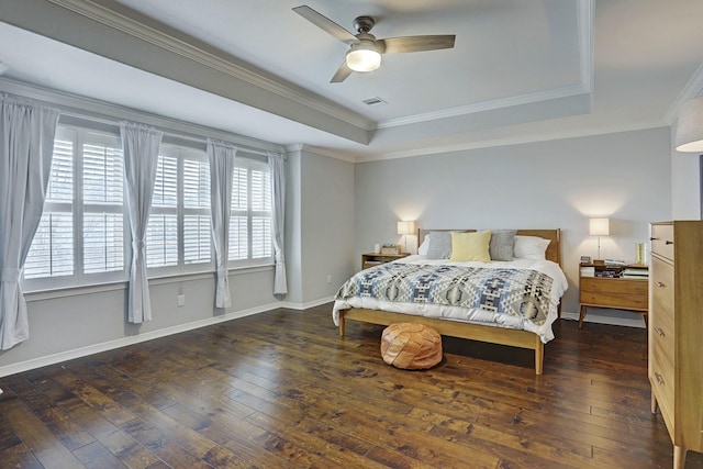 1113 Peden St Unit A, Houston, TX 77006 - bedroom with a tray ceiling, hardwood / wood-style floors, ornamental molding, and ceiling fan