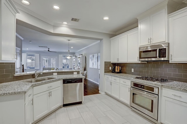 1113 Peden St Unit A, Houston, TX 77006 - kitchen featuring stainless steel appliances, ornamental molding, white cabinets, recessed lighting, and ceiling fan
