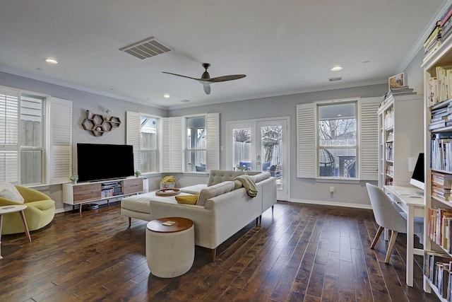 1113 Peden St Unit A, Houston, TX 77006 - living room with crown molding, dark wood-style flooring, ceiling fan, and recessed lighting