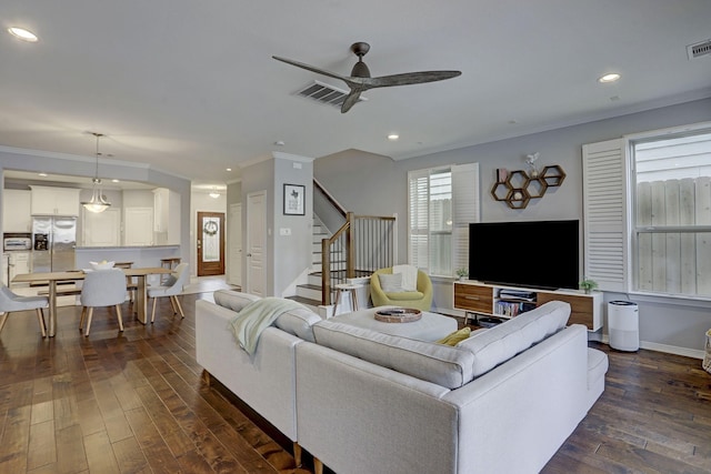 1113 Peden St Unit A, Houston, TX 77006 - living room with ceiling fan, ornamental molding, stairway, dark wood-style floors, and recessed lighting