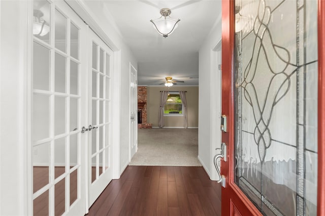 18910 Casper Dr, Spring, TX 77373 - entryway featuring french doors, a ceiling fan, and dark wood-style flooring