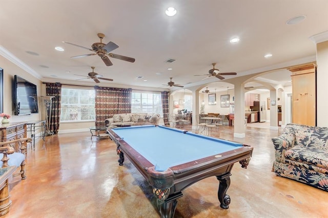 1711 Old Spanish Trl Unit 110, Houston, TX 77054 - recreation room featuring arched walkways, ornamental molding, recessed lighting, ceiling fan, and billiards