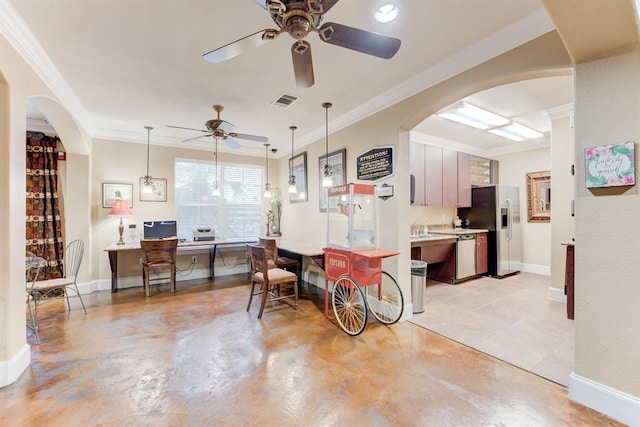 1711 Old Spanish Trl Unit 110, Houston, TX 77054 - dining space with ceiling fan, arched walkways, an office area, ornamental molding, and finished concrete floors