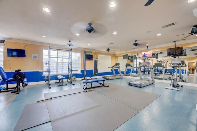 1711 Old Spanish Trl Unit 110, Houston, TX 77054 - exercise room with a ceiling fan, crown molding, and recessed lighting