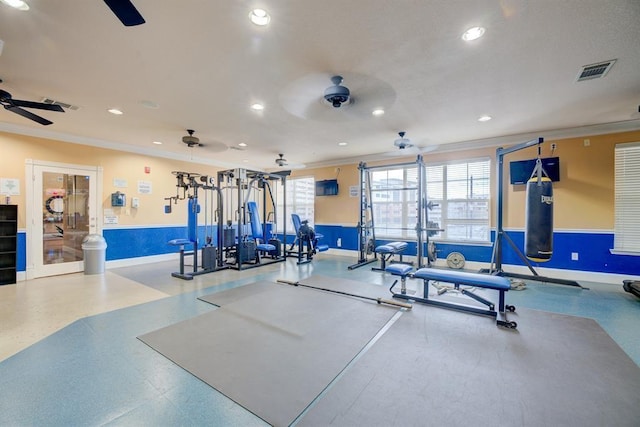 1711 Old Spanish Trl Unit 110, Houston, TX 77054 - exercise room featuring ceiling fan, ornamental molding, and recessed lighting