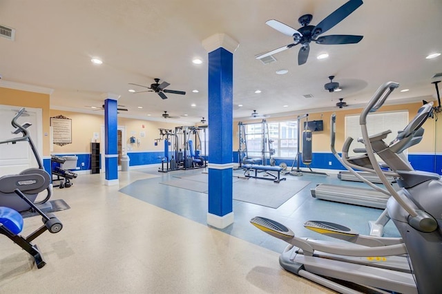 1711 Old Spanish Trl Unit 110, Houston, TX 77054 - gym featuring a ceiling fan, ornamental molding, recessed lighting, and ornate columns