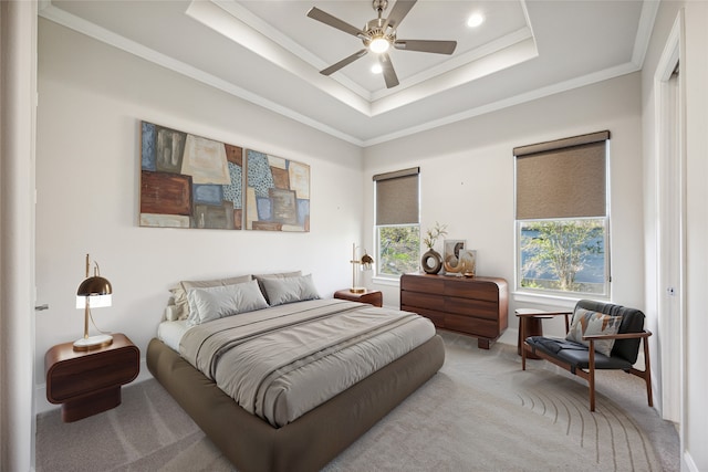 7706 Janak Dr Unit C, Houston, TX 77055 - bedroom featuring a raised ceiling, crown molding, carpet flooring, ceiling fan, and recessed lighting