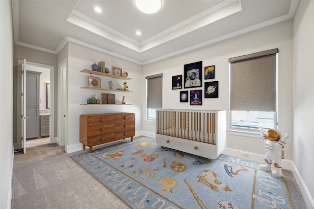 7706 Janak Dr Unit C, Houston, TX 77055 - bedroom with crown molding, carpet floors, a tray ceiling, recessed lighting, and ensuite bathroom