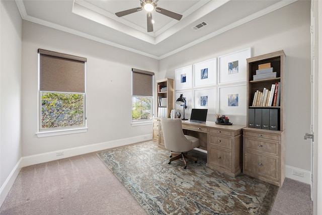 7706 Janak Dr Unit C, Houston, TX 77055 - carpeted home office with a ceiling fan, crown molding, and a tray ceiling