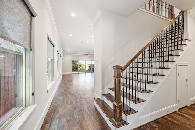 7706 Janak Dr Unit C, Houston, TX 77055 - stairway featuring wood finished floors, crown molding, recessed lighting, and a ceiling fan