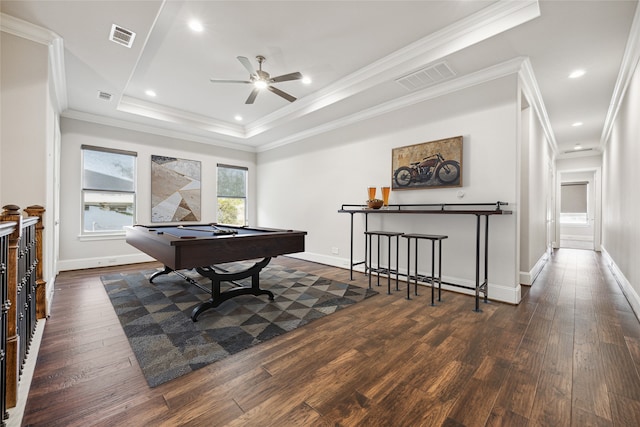 7706 Janak Dr Unit C, Houston, TX 77055 - rec room with dark wood-style floors, a ceiling fan, pool table, a tray ceiling, and ornamental molding