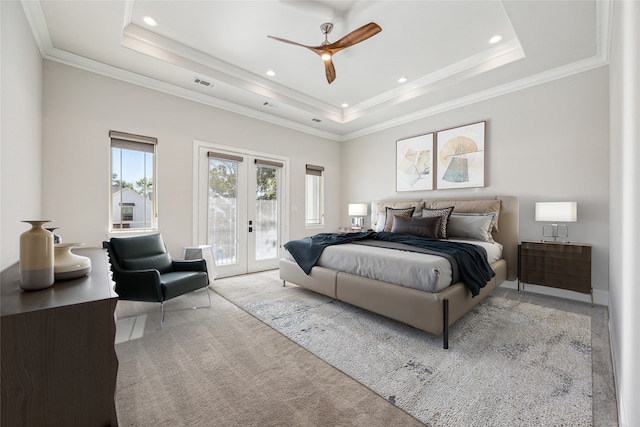 7706 Janak Dr Unit C, Houston, TX 77055 - bedroom with access to outside, french doors, a tray ceiling, crown molding, and carpet