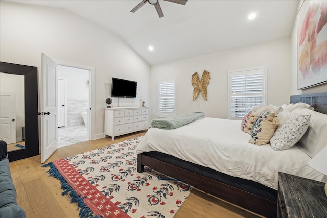 2022 Chaparral Dr, Houston, TX 77043 - bedroom featuring lofted ceiling, light wood-style floors, a ceiling fan, ensuite bath, and recessed lighting