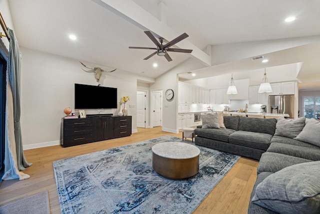 2022 Chaparral Dr, Houston, TX 77043 - living room with light wood-style floors, beamed ceiling, ceiling fan, recessed lighting, and high vaulted ceiling