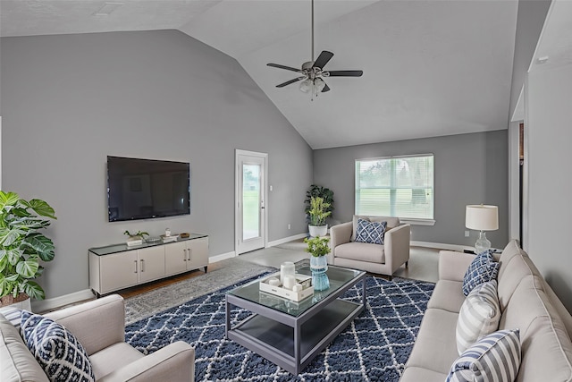 2440 Olympia Dr, West Columbia, TX 77486 - living room featuring ceiling fan and high vaulted ceiling
