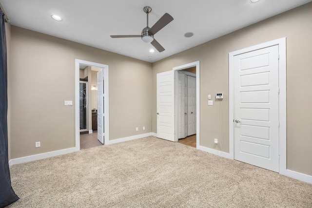 1801 Radcliffe St, Houston, TX 77007 - unfurnished bedroom featuring carpet floors, recessed lighting, ensuite bathroom, and a ceiling fan