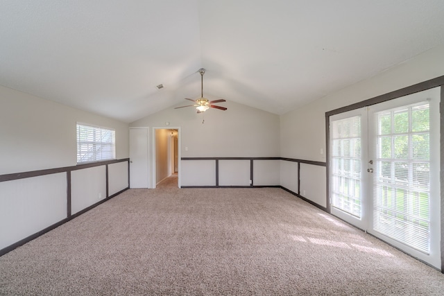 463 Dover Ln, Spring, TX 77373 - unfurnished room featuring light carpet, ceiling fan, and lofted ceiling