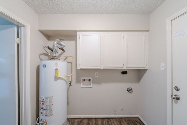 463 Dover Ln, Spring, TX 77373 - laundry area featuring gas water heater, cabinet space, dark wood-type flooring, a textured ceiling, and hookup for a washing machine