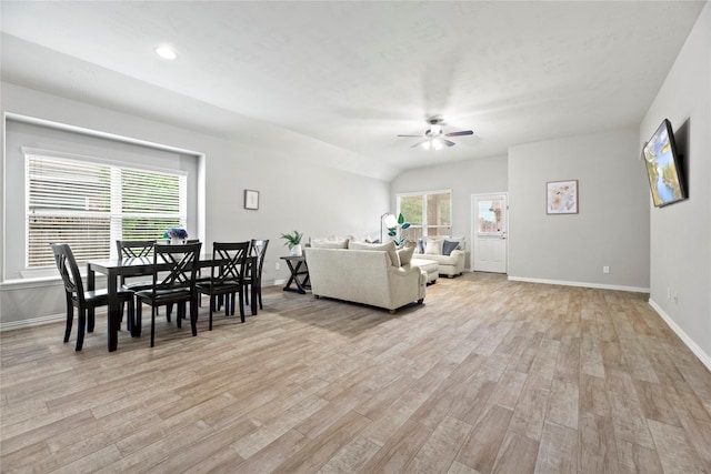 13215 Dover Bluff Dr, Rosharon, TX 77583 - living area featuring a ceiling fan and light wood-type flooring