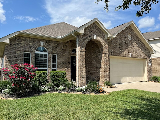 13215 Dover Bluff Dr, Rosharon, TX 77583 - view of front of house featuring an attached garage, brick siding, concrete driveway, and a shingled roof