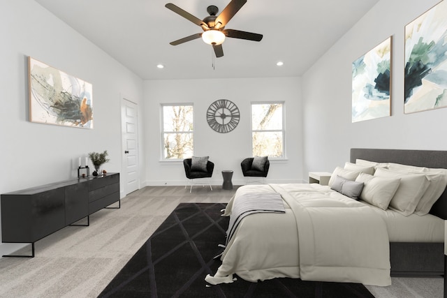2213 Lee St, Houston, TX 77026 - bedroom featuring light carpet, recessed lighting, and a ceiling fan